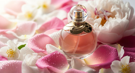 Perfume bottle and flower petals on white background, closeupの素材