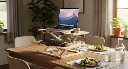 Laptop on a wooden table in the kitchen. 3d rendering.の素材