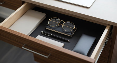 Laptop, glasses and stationery in a wooden drawer closeupの素材