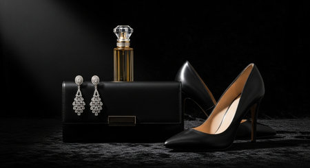Women's shoes, perfume and earrings on a black background.の素材