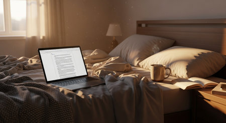 Laptop with blank screen on the bed. 3d rendering.の素材