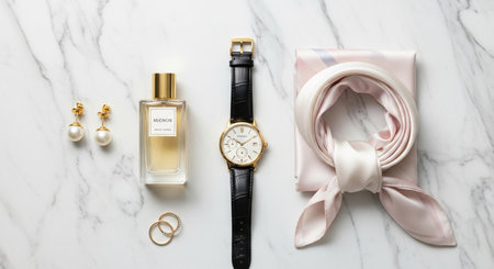 Women's accessories on a white marble background. Flat lay, top view.の素材