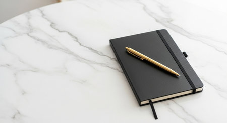 notebook and pen on white marble background with copy space for textの素材