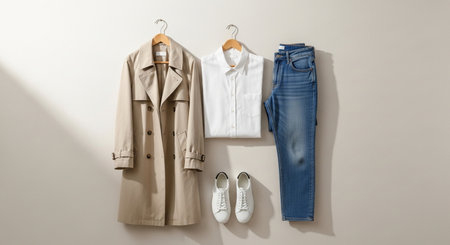 Women's clothing on hangers on a light background. Top viewの素材