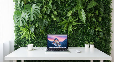 Workplace with laptop and coffee cup on white table and green wall backgroundの素材