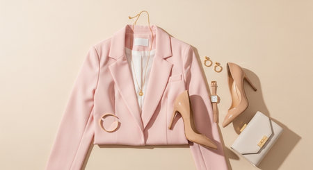 Womens pink jacket, shoes and accessories on beige backgroundの素材