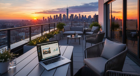 Laptop on a table with a view of the city of Toronto, Canadaの素材