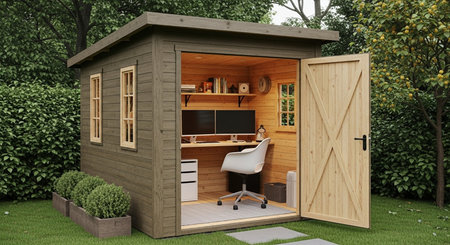 3D rendering of a small wooden house with a garden in the backgroundの素材