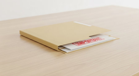 A file folder with a red stamp on a wooden table, conceptual imageの素材