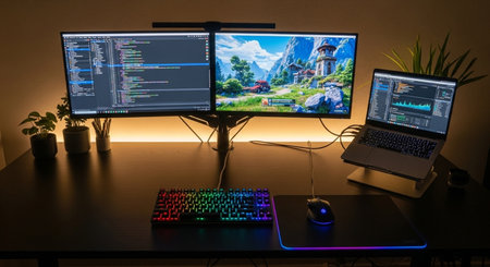Computer monitor with graphic display and laptop on wooden desk in dark roomの素材