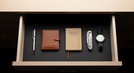 Wooden drawer with stationery and watches, isolated on black backgroundの素材
