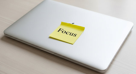 Note paper with the word Focus on the screen of a laptop.の素材