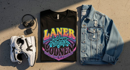 T-shirt mockup with jeans, sneakers and headphones on concrete backgroundの素材