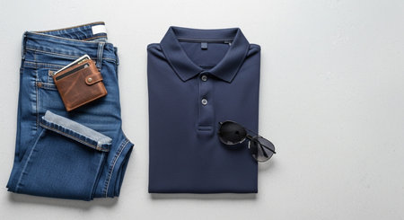 Men's clothing and accessories on a light background. Top view.の素材