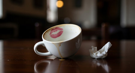 A cup of coffee with a red lipstick kiss on the foam.の素材