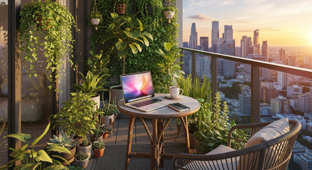 Coffee cup and laptop on the terrace. 3d renderingの素材