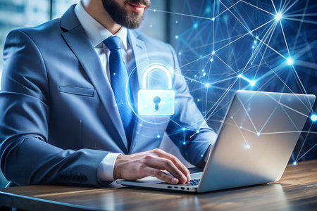 Unrecognizable businessman working with laptop in office with glowing padlock hologram. Concept of security and protection. Toned image double exposureの素材