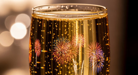 Champagne glass with fireworks on bokeh background, celebration conceptの素材
