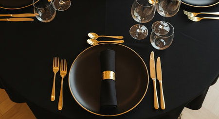 Luxury table setting with golden cutlery on black tableの素材