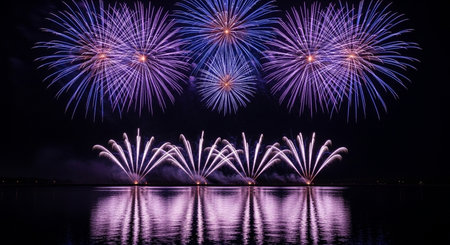 Colorful fireworks of various colors over night sky background and water reflectionの素材