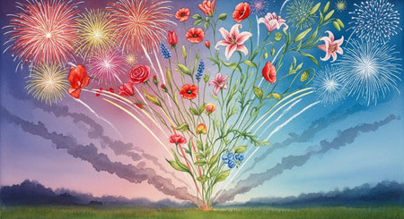 Fireworks in the sky with flowers and green grass. Illustrationの素材