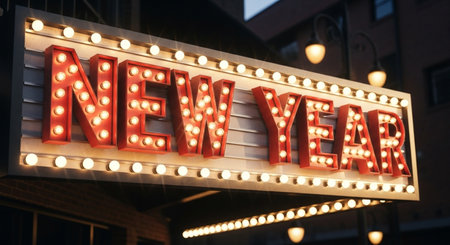 New Year sign on the wall of a restaurant in New York Cityの素材