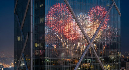 Fireworks over the cityscape of singapore at night as seen through a glass wallの素材