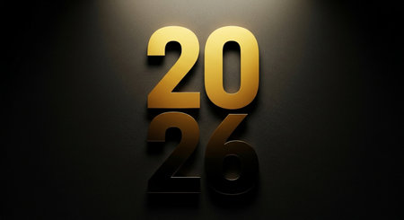 New Year 2020 golden numbers on black background. 3D rendering.の素材