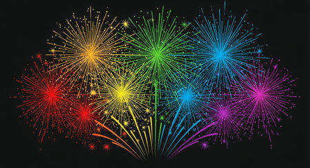 Fireworks background. Fireworks on black background. Vector illustration.の素材