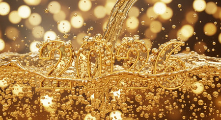 New Year 2016 golden champagne with bokeh background. 3d illustrationの素材