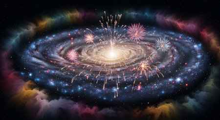 Fireworks in the night sky. Elements of this image furnished by NASAの素材