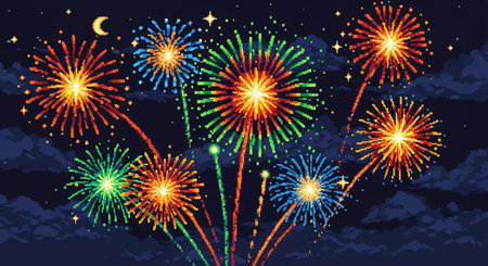 Fireworks night sky background vector illustration. Happy New Year and Merry Christmas card.の素材