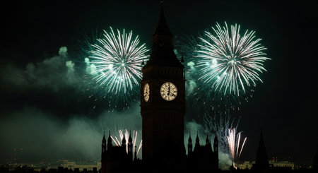 Big Ben and New Year's Eve Fireworks in London, UKの素材