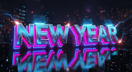 New year 3D word neon sign on dark city background 3D renderingの素材