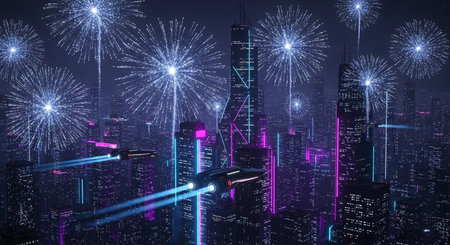 Fireworks over skyscrapers in Shanghai, China. 3D renderingの素材