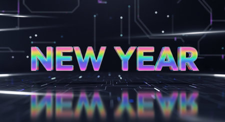 3D rendering of the word new year made of glowing neon lettersの素材