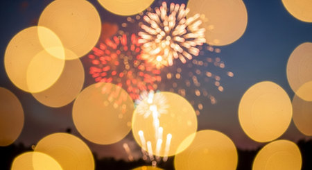 Abstract blur firework background with bokeh defocused lights.の素材
