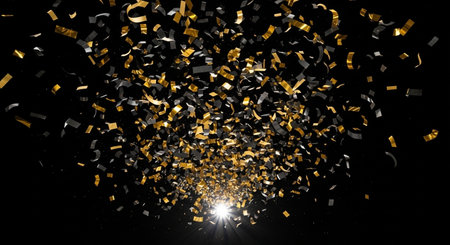 golden confetti isolated on black background, 3d render illustrationの素材