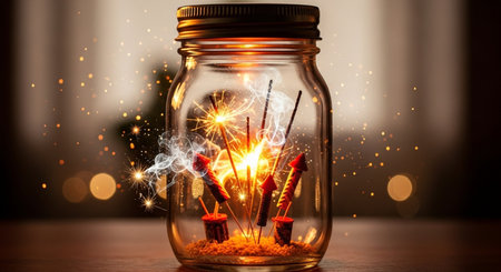 Burning sparklers in a glass jar with bokeh backgroundの素材