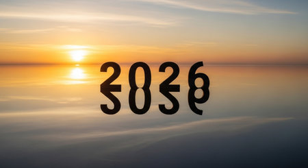 Happy New Year 2026. Silhouette of numbers 2018 on the sea background.の素材