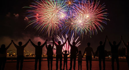 Silhouette of a group of people and fireworks in the nightの素材