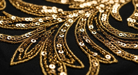 texture, background, pattern. The fabric is black with gold sequins. It has a brilliant shine and is perfect for your design.の素材