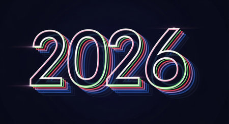 Happy New Year 2016. Vector illustration with bright neon numbers on dark backgroundの素材