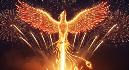 Fireworks with golden wings of an eagle in the night sky.の素材