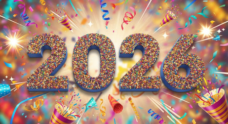 Happy New Year 2016 with confetti and fireworks. Vector illustration.の素材