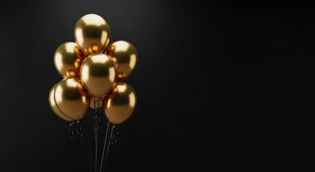 3d render of golden balloons on black background. Happy birthday conceptの素材