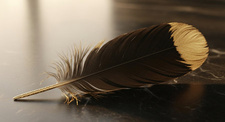 Feather of a bird on a black background. Close-up.の素材