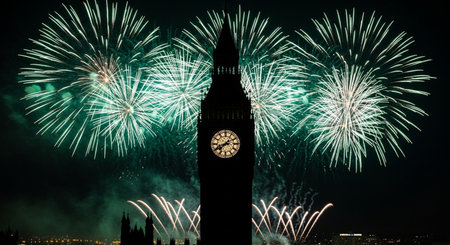 Big Ben and New Year's fireworks in London, England, UKの素材