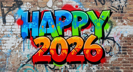 Happy new year 2016 painted on a brick wall with graffiti. Street art conceptの素材