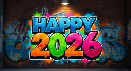 Happy new year 2016 colorful graffiti art design on brick wall background.の素材